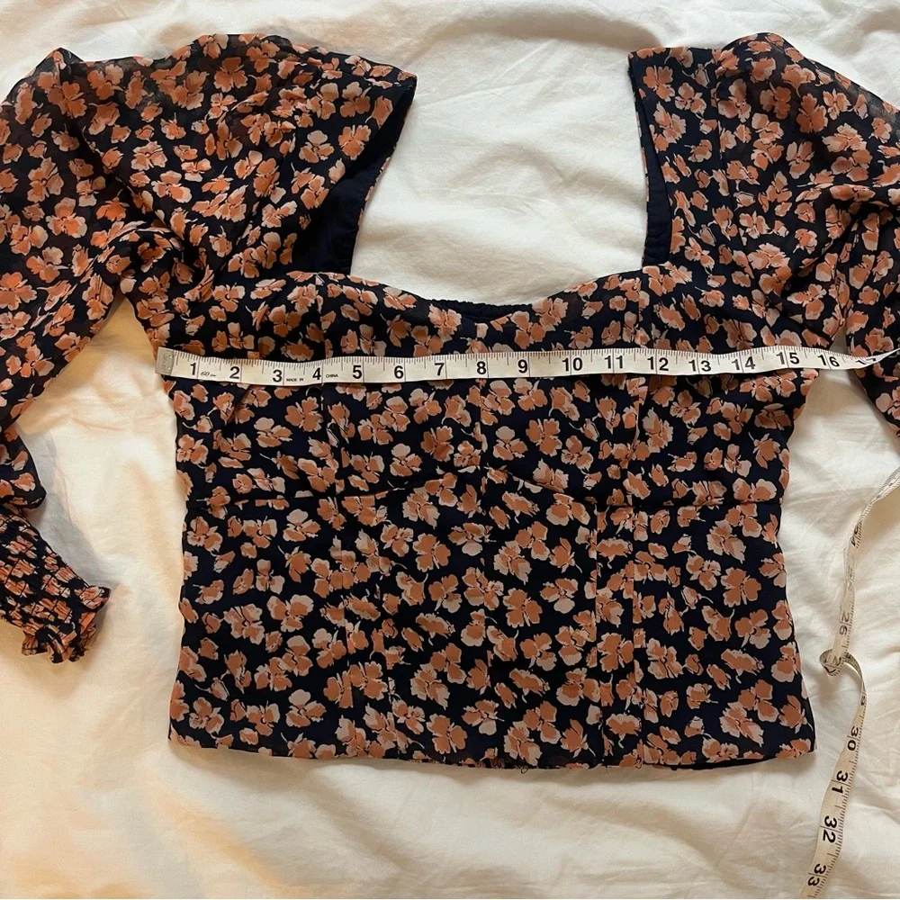 Abercrombie Sweetheart Puff-Sleeve Navy Orange Floral Poppy Print Blouse, Medium